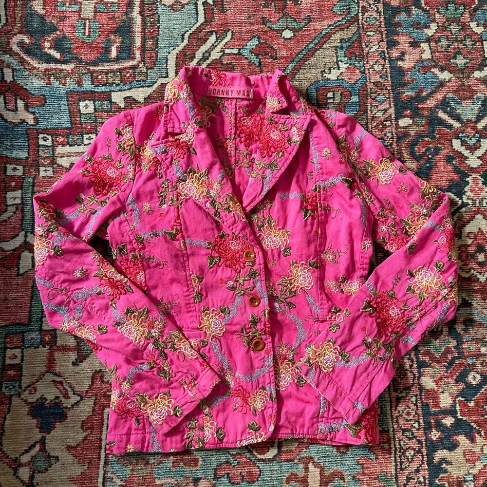 Johnny Was Pink Floral Embroidered Blazer— Size XS